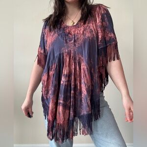 Vintage Fringe Tie-Dye Top Poncho